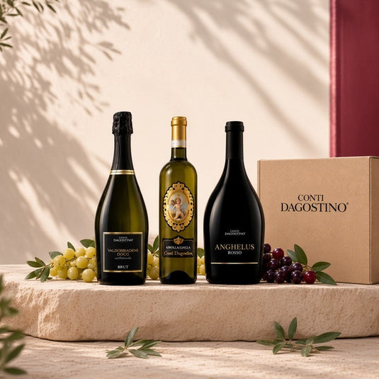 Kit I vini più amati: Prosecco, Ribolla Gialla e Anghelus Rosso con la scatola Conti Dagostino