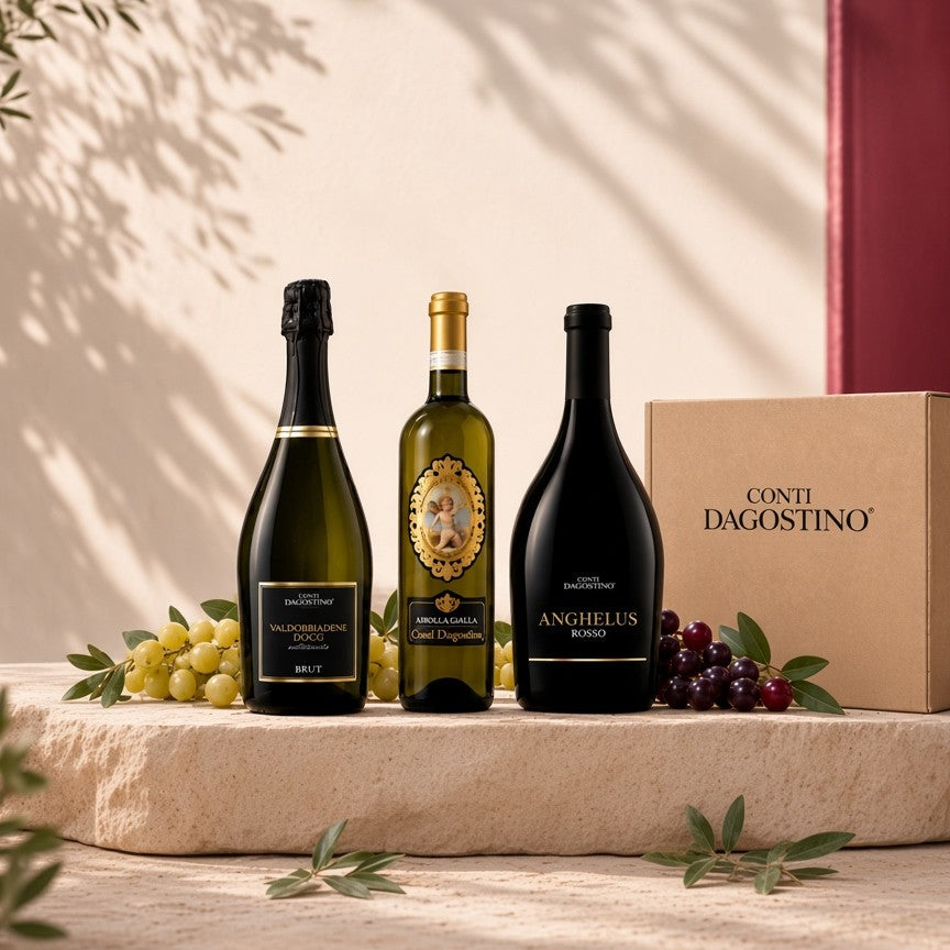 Kit I vini più amati: Prosecco, Ribolla Gialla e Anghelus Rosso con la scatola Conti Dagostino